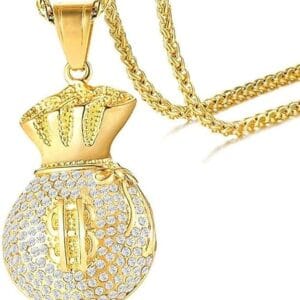 Gold plated Stainless Steel Money Bag Crystals Pendant Chian Necklace