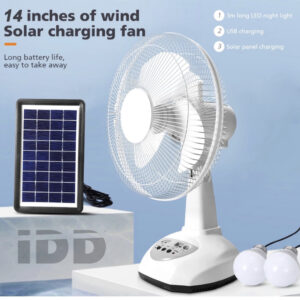 Rechargeable Fan 14" with Solar Panel & 2 Bulbs Light