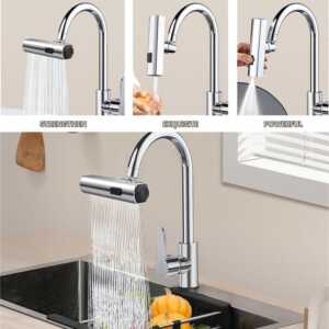 3-in-1 Waterfall Kitchen Faucet – 360° Swivel, Pull-Down Sprayer & Anti-Splash Design