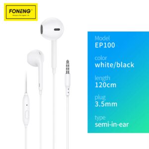 Foneng EP100 Wired Earphones | 3.5mm Semi In-Ear with Mic | White / Black | 120cm Cable