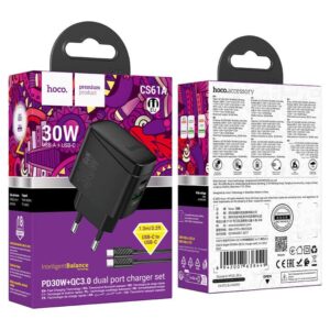 Hoco CS61A Bright Wall Charger PD30W + QC3.0 with EU Plug – Cable Set (Type-C or Lightning)