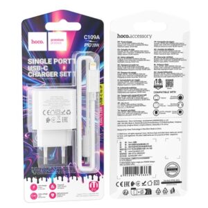 Hoco C109A 20W PD USB-C Fast Charger Set with USB-C to Lightning Cable (EU Plug) – White