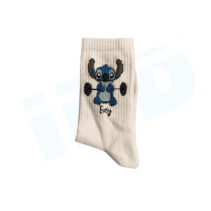 Stitch "Easy" Gym Crew Socks: Premium Ribbed Cotton Athletic Socks with Barbell Character Illustration