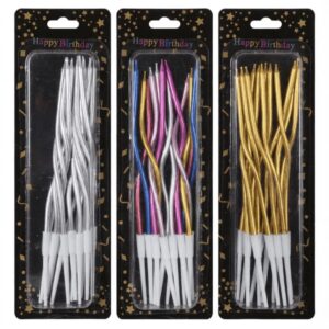 Assorted Spiral Birthday Candles – Metallic Silver, Gold, and Multi-Color Pack